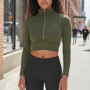 Joja Army Green Active 3/4 Zip Long Sleeve Cropped Pullover Women's Size XS NWOT